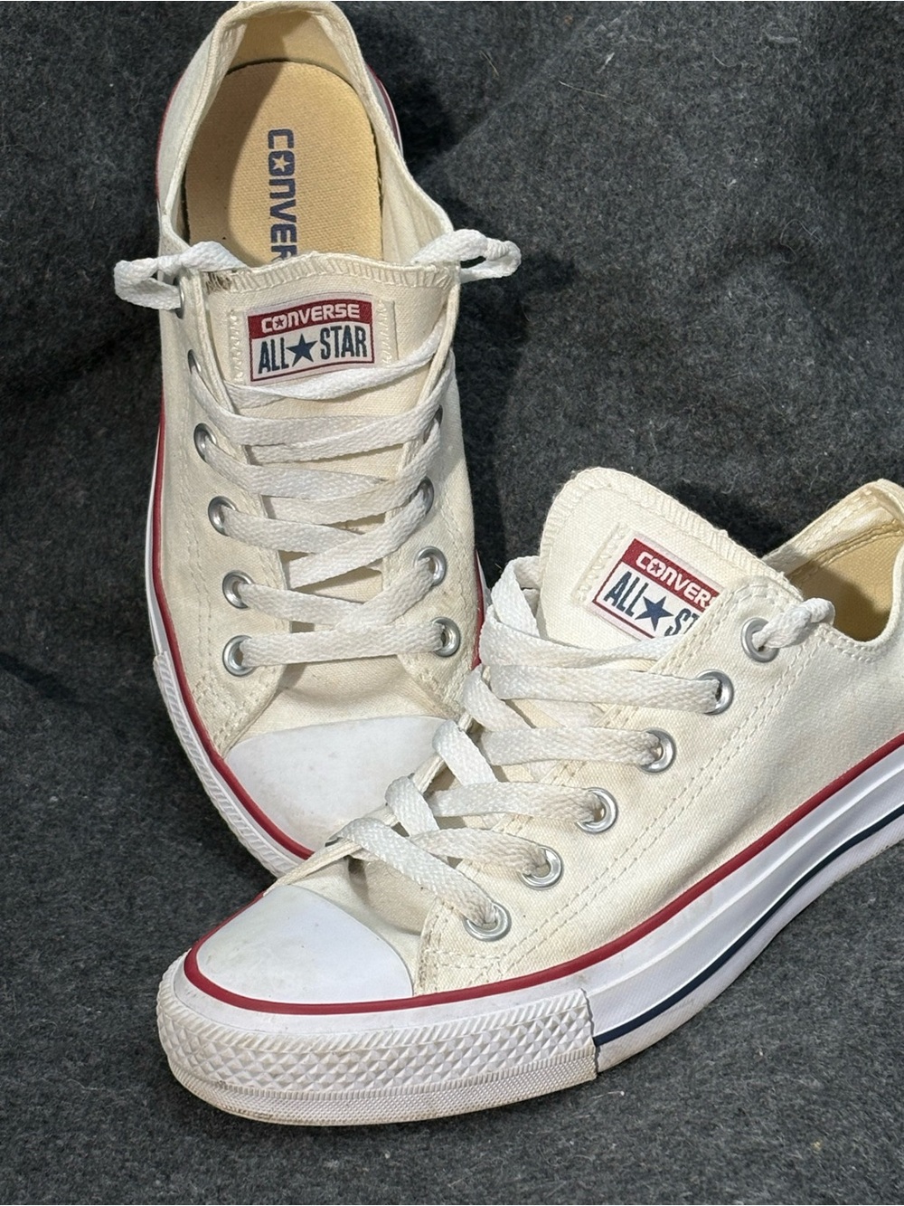 Converse All Star Low Top Sneakers - White with Red Trim
Size 7
